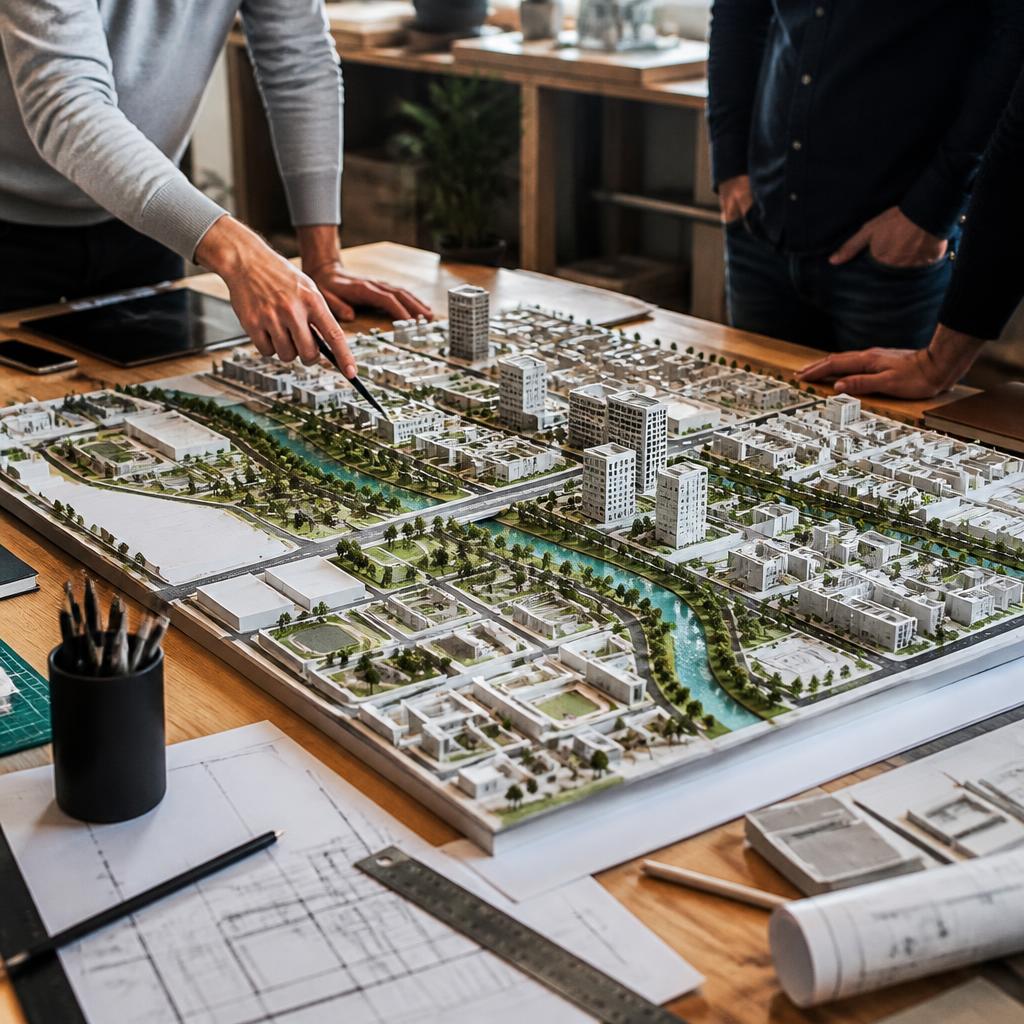 Architects reviewing a 3D city masterplan model